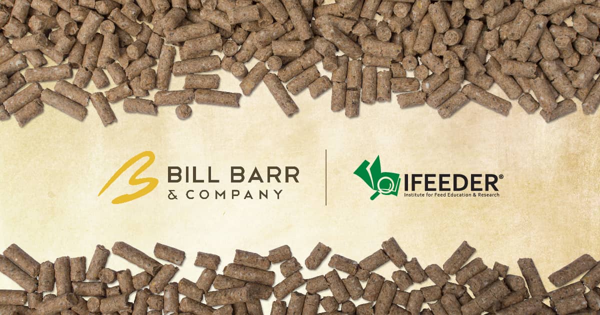 The IFEEDER and Bill Barr & Company logos centered on a banner with horse feed pellets at the top and bottom.