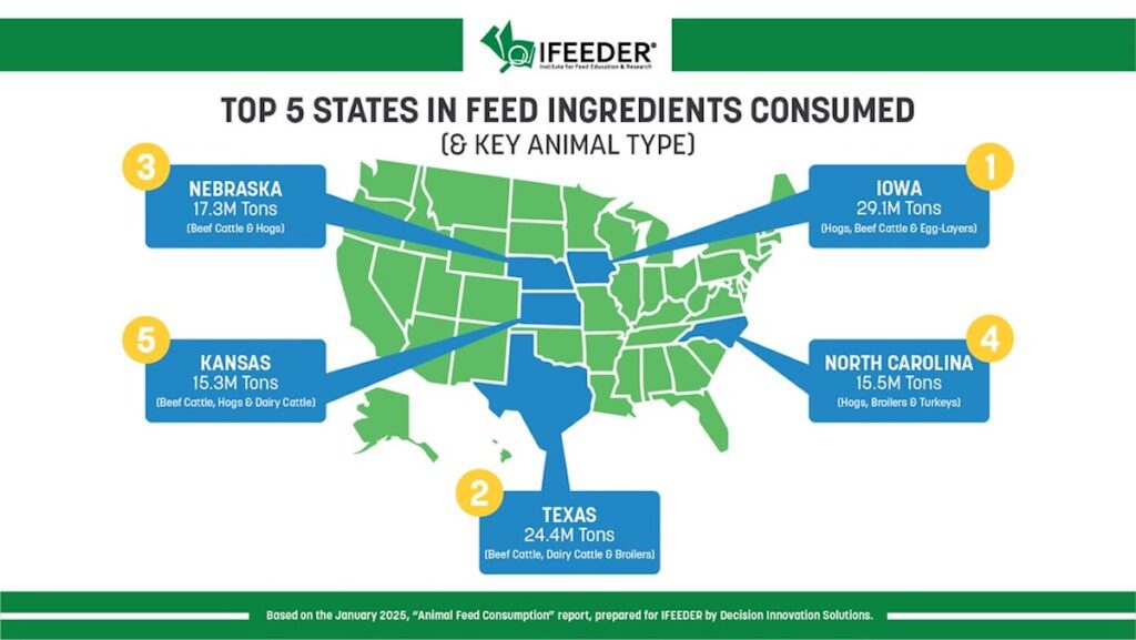 An infographic with a map showing the top 5 U.S. states by feed ingredient consumption: Iowa, 29.1 million tons; Texas, 24.4 million tons; Nebraska, 17.3 million tons; North Carolina, 15.5 million tons; and Kansas, 15.3 million tons.