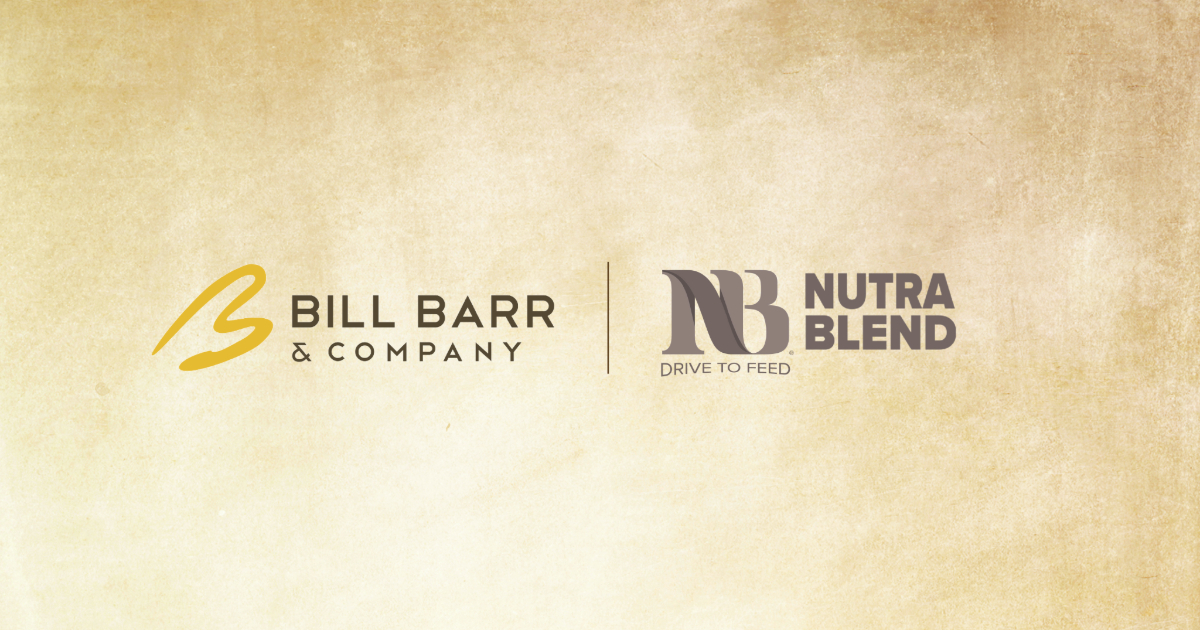 A brand partnership image featuring the Bill Barr & Company logo next to the Nutra Blend logo on a textured, golden-tan background.