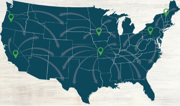 A map of the United States with six green location pins, indicating service or distribution points, with gray curved arrows radiating outward from these pins to indicate nationwide supply.